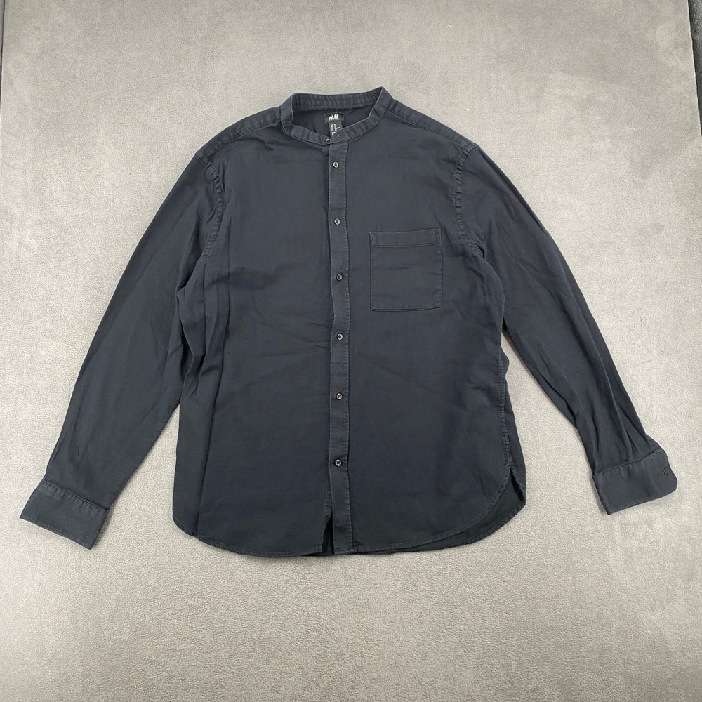 HM Mens XL Black Band Collar Slub Weave Long Sleeve Button Down Shirt 8778